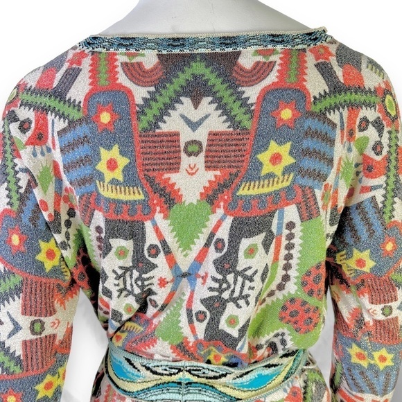 CUSTO BARCELONA MULTICOLOUR AZTEC  BODYCON DROP SHOULDER BELT DRESS LARGE - Picture 9 of 14